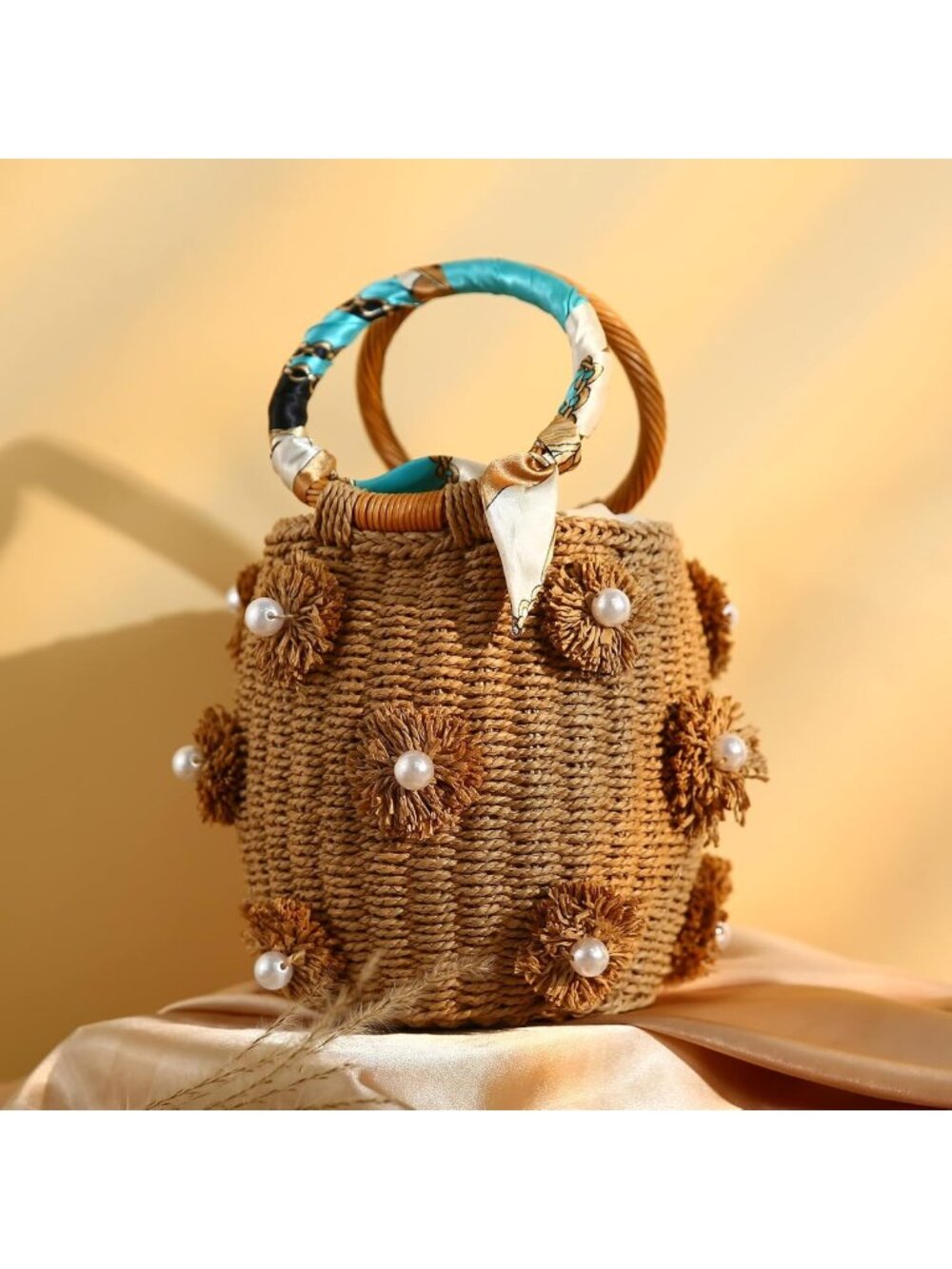 Chic Flower Pearls Rattan Tote Bag | Summer Beach Drawstring Straw Bucket Bag - Picture 4 of 10